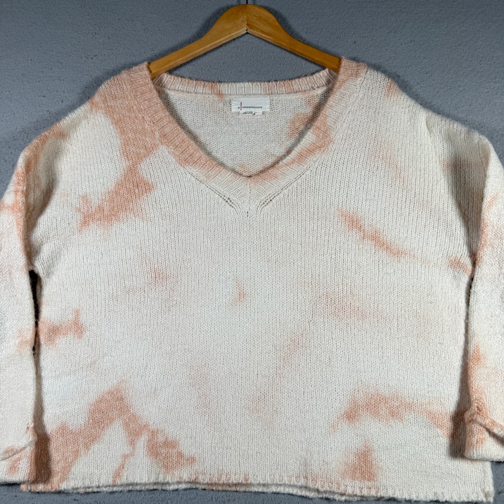 Anthropologie Womens V-Neck Tie Dye Oversized Knit Sweater White Peach‎ Small